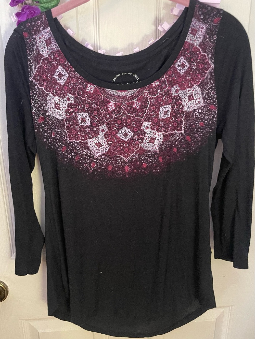Lucky Brand Black Long-Sleeve Tee with Pink Patterned Yoke